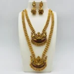 Gold Plated Temple Necklace Set with Goddess Lakshmi Pendant and Earrings