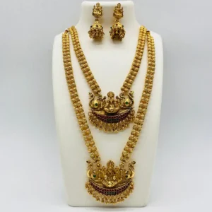 Gold Plated Temple Necklace Set with Goddess Lakshmi Pendant and Earrings