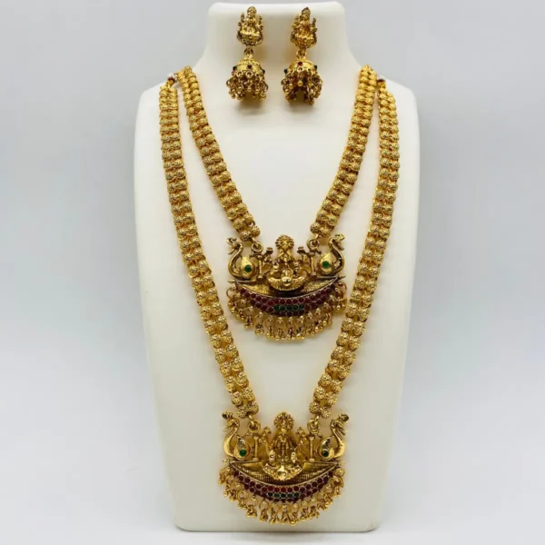 Gold Plated Temple Necklace Set with Goddess Lakshmi Pendant and Earrings