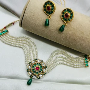 White Kundan Beaded Choker Necklace with matching earrings