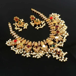 South Indian Gold Plated Guttapusalu Necklace with Pearls for Brides