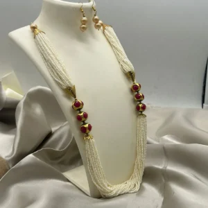 Beaded Mala Necklace Set with pearls, red beads, and matching earrings