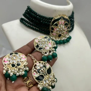 Green Kundan Choker Necklace with matching earrings and maang tikka