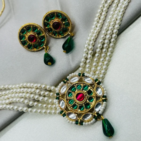Traditional pearl beaded choker set with Kundan pendant