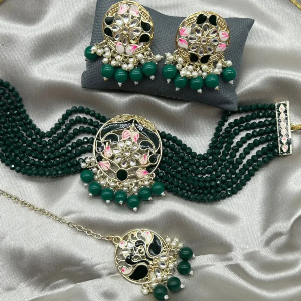 Bridal Kundan choker set with layered green beads and pearls