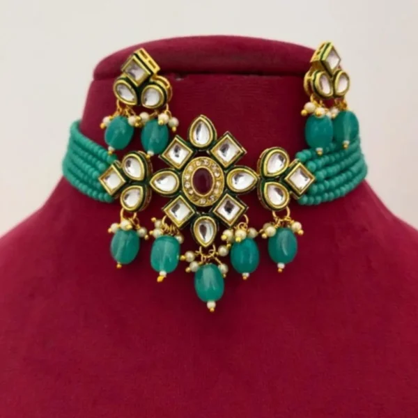 Handcrafted Kundan Choker Necklace with Beads and Earrings