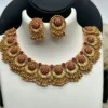 Antique style South Indian temple jewelry choker necklace for women with ruby stones.