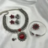 German silver oxidized necklace set with red stone pendant