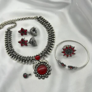 German silver oxidized necklace set with red stone pendant