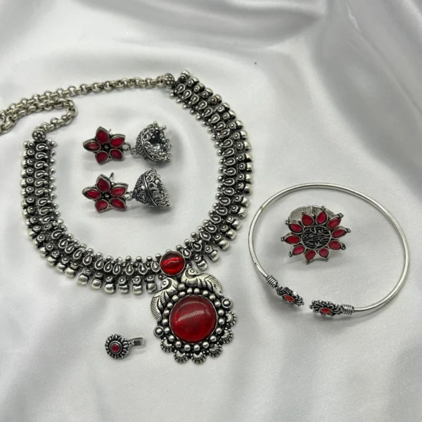German silver oxidized necklace set with red stone pendant